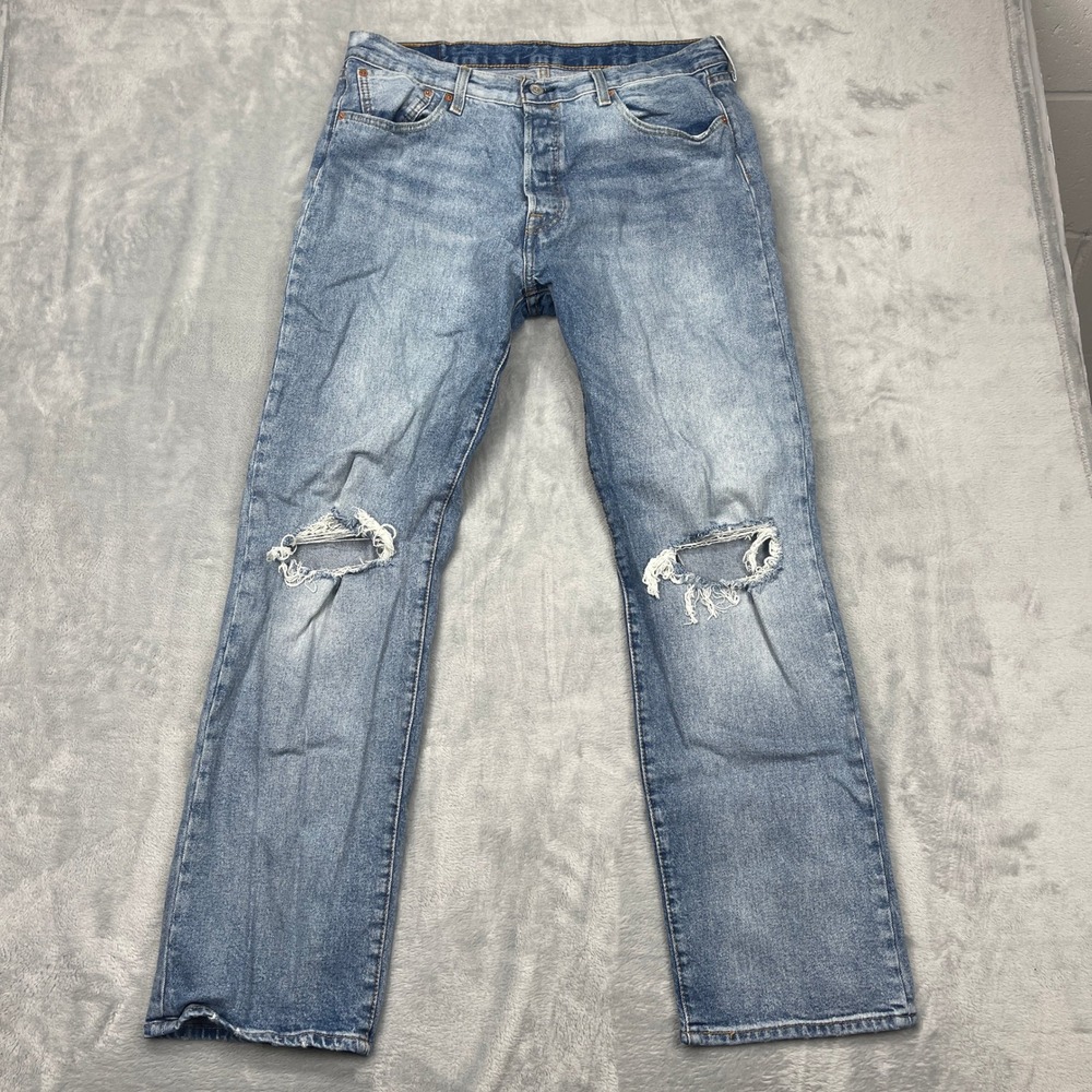 Levi's‎ 501 Jeans Mens 38x34 Blue Denim Distressed Mid Rise Red Tab Straight Leg